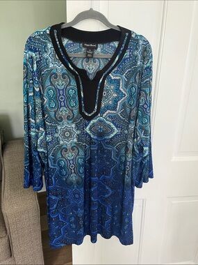Maggie Barnes 3X Blue Black paisley tunic knit top 3/4 sleeves